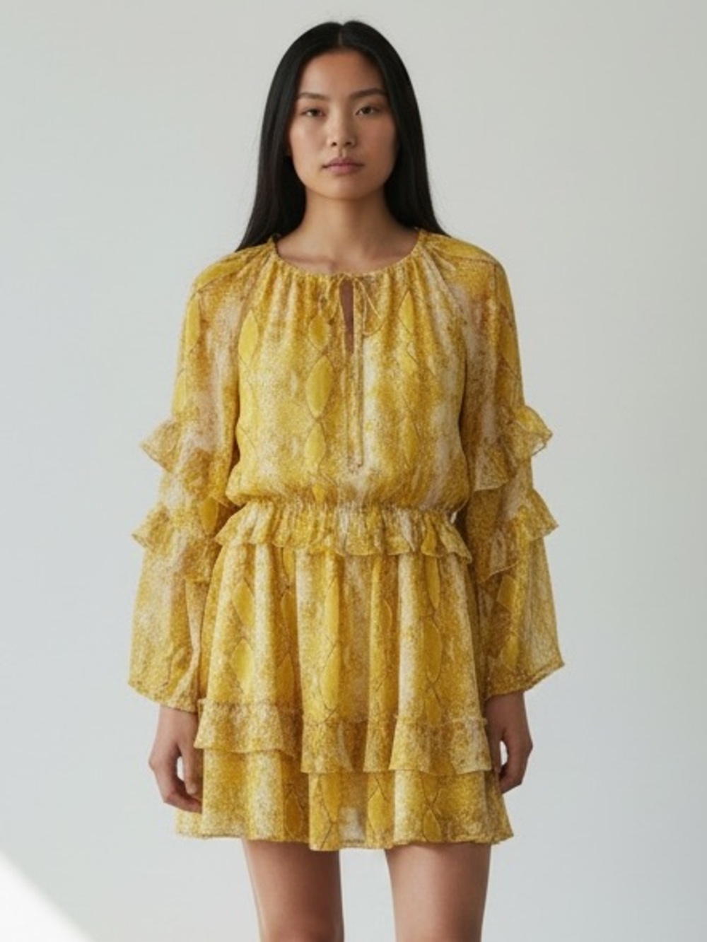 Diane Von Furstenberg Yellow Tiered Silk Ruffle Mini XS “Haven Phyton Dress”